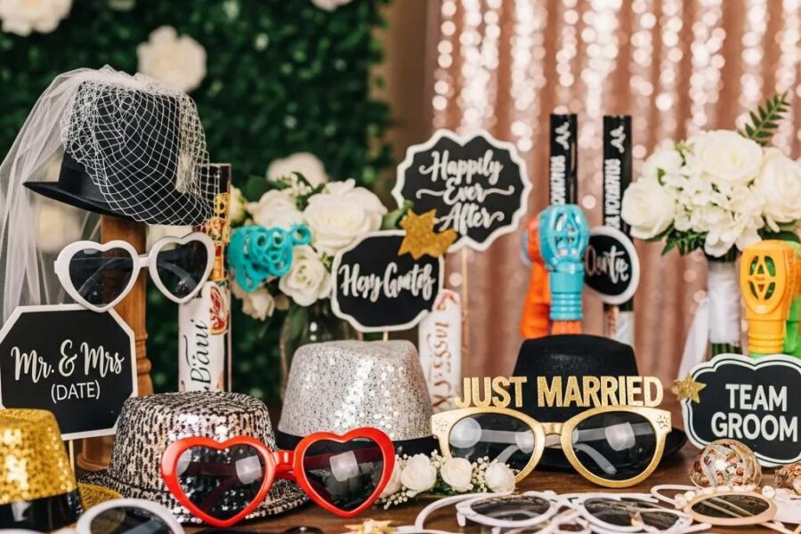 Variety of customizable props and backdrops for 360 photo booths at weddings