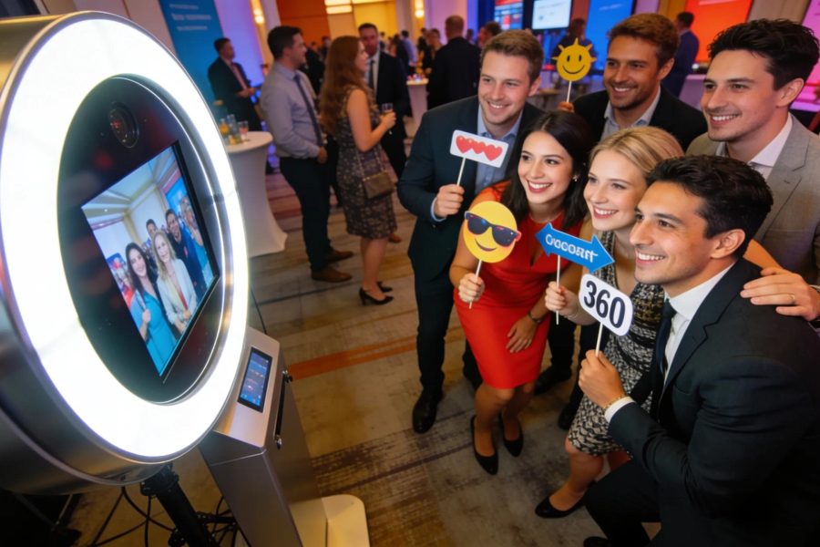 Corporate event showcasing a 360 photo booth with attendees engaging and enjoying immersive experiences
