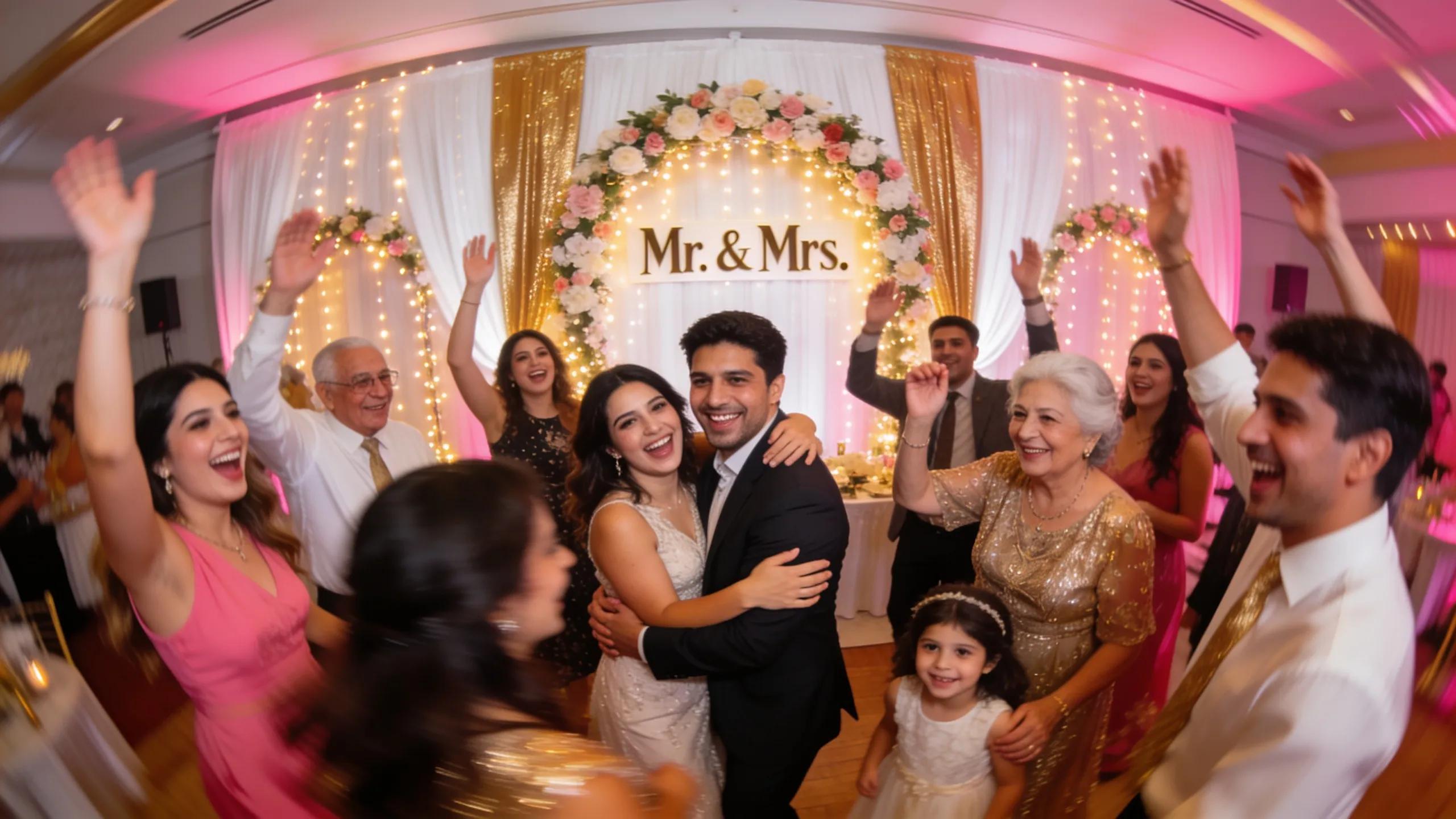 Guests enjoying the interactive features of a 360 photo booth at a wedding, enhancing engagement