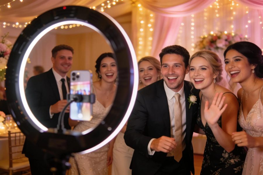 Wedding guests interacting with a 360 photo booth highlighting guest engagement and fun