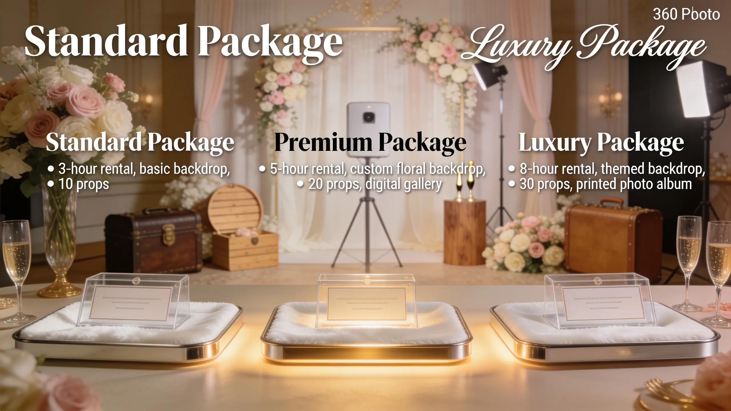 Display of different 360 photo booth packages for weddings, showcasing planning options and customization