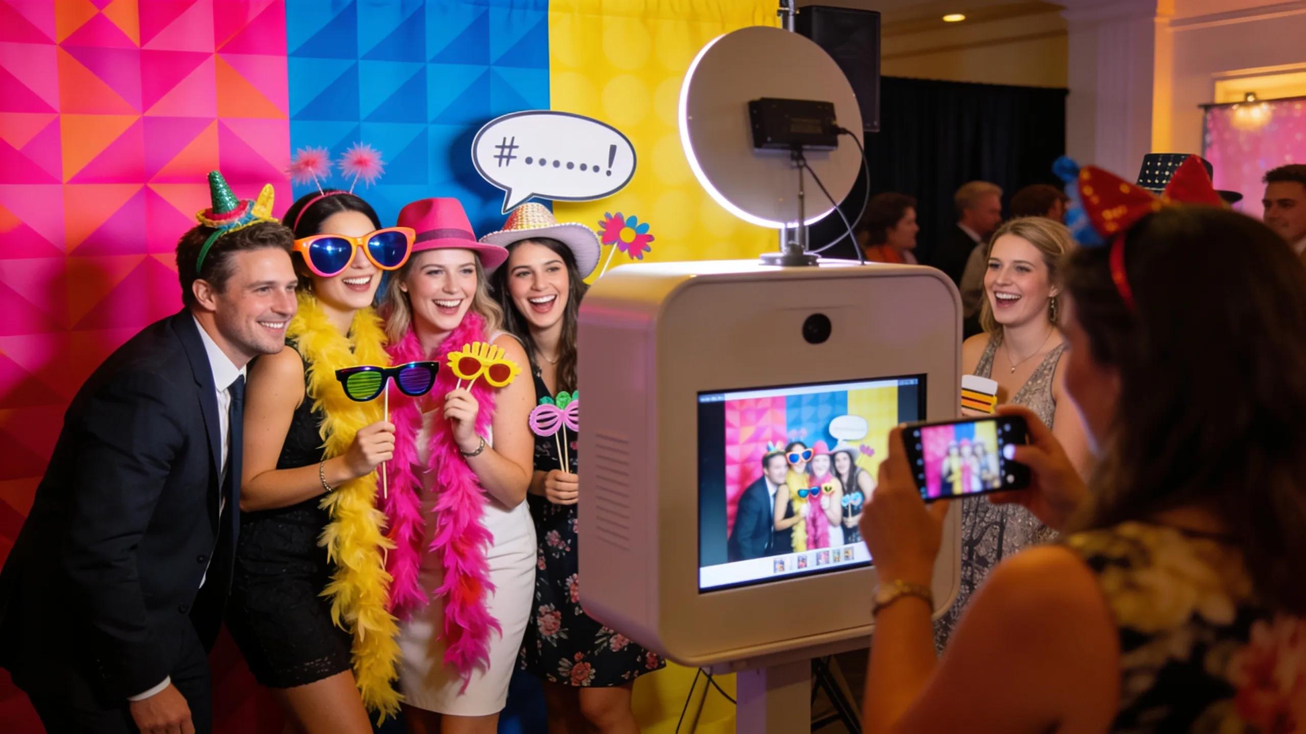 Guests enjoying a photo booth at a vibrant Sydney event.