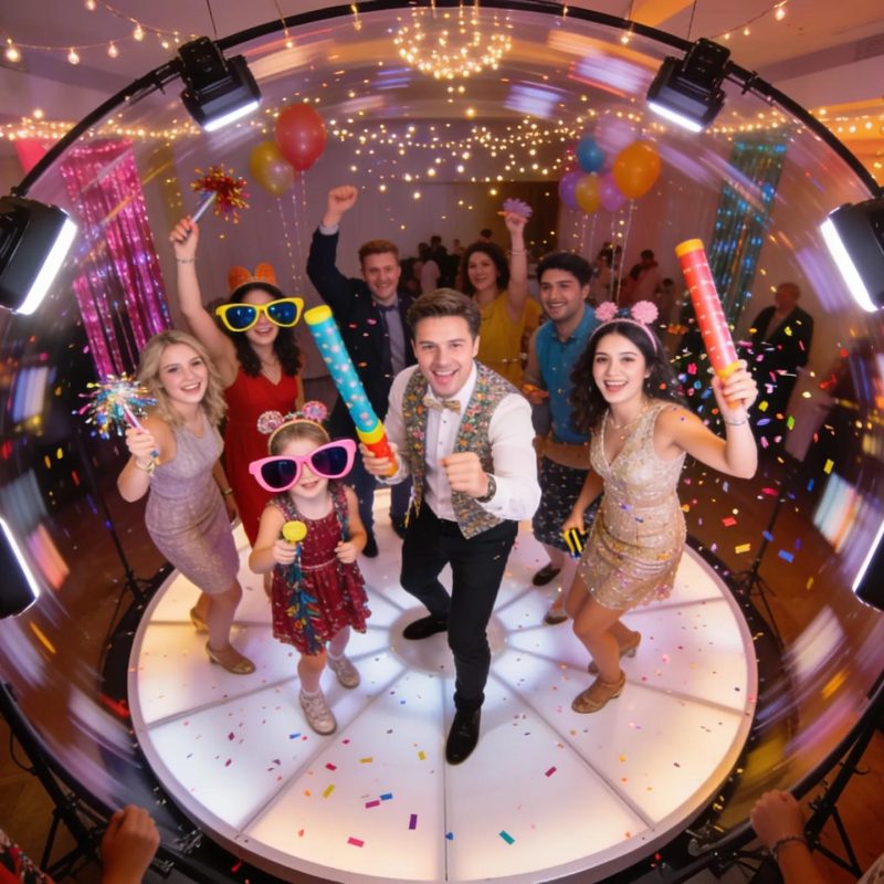 Guests having fun with a 360 photo booth at an event, illustrating engagement and excitement