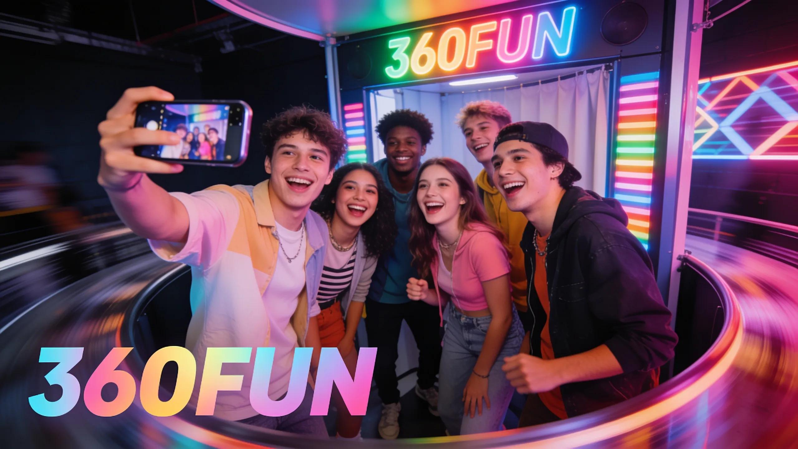 Group of friends enjoying a 360 photo booth with social media sharing