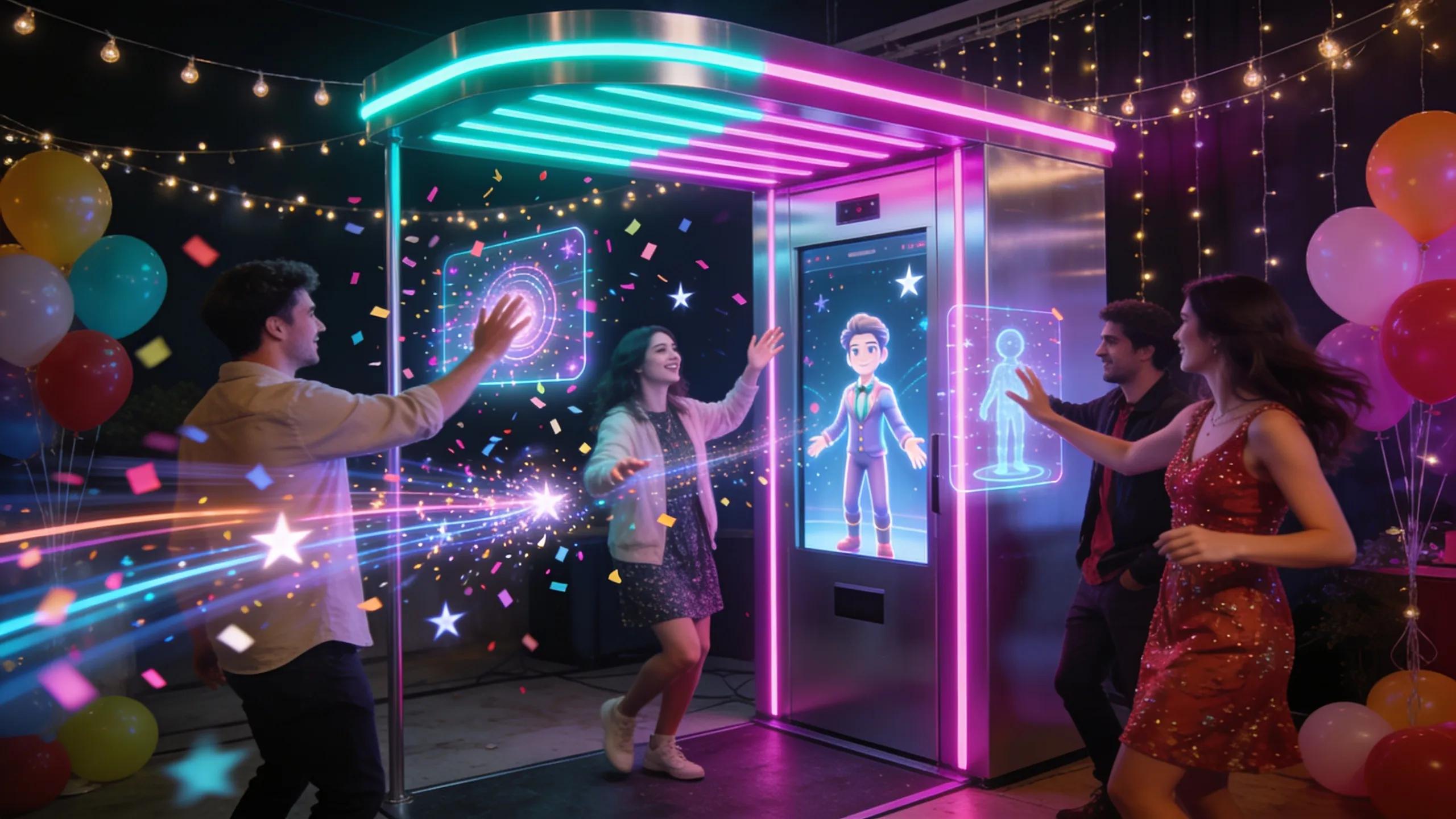 Augmented reality enhancing the experience in a 360 interactive photo booth with guests engaging with digital elements