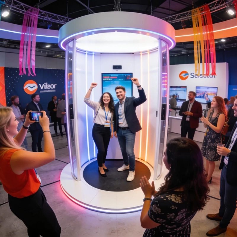 Interactive 360-degree video booth at a corporate event engaging attendees