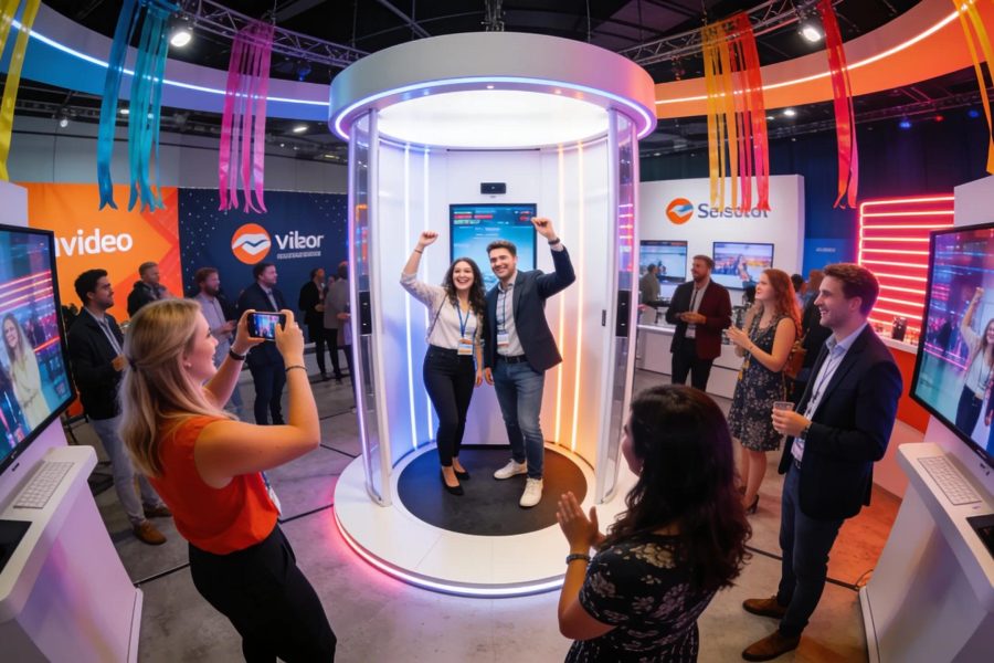 Interactive 360-degree video booth at a corporate event engaging attendees