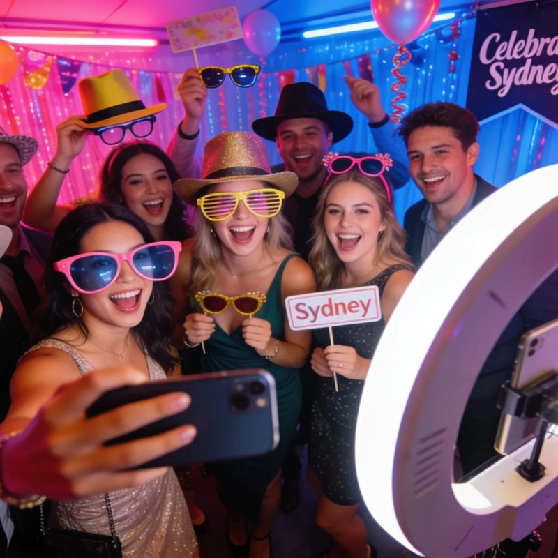 360 photo booth at an event in Sydney displaying guests engaging with the booth and capturing memorable moments