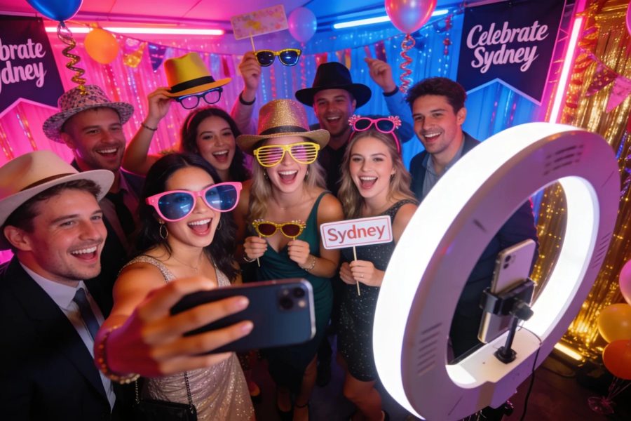 360 photo booth at an event in Sydney displaying guests engaging with the booth and capturing memorable moments