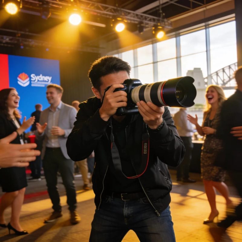 Professional event photographer capturing a lively Sydney corporate gathering.