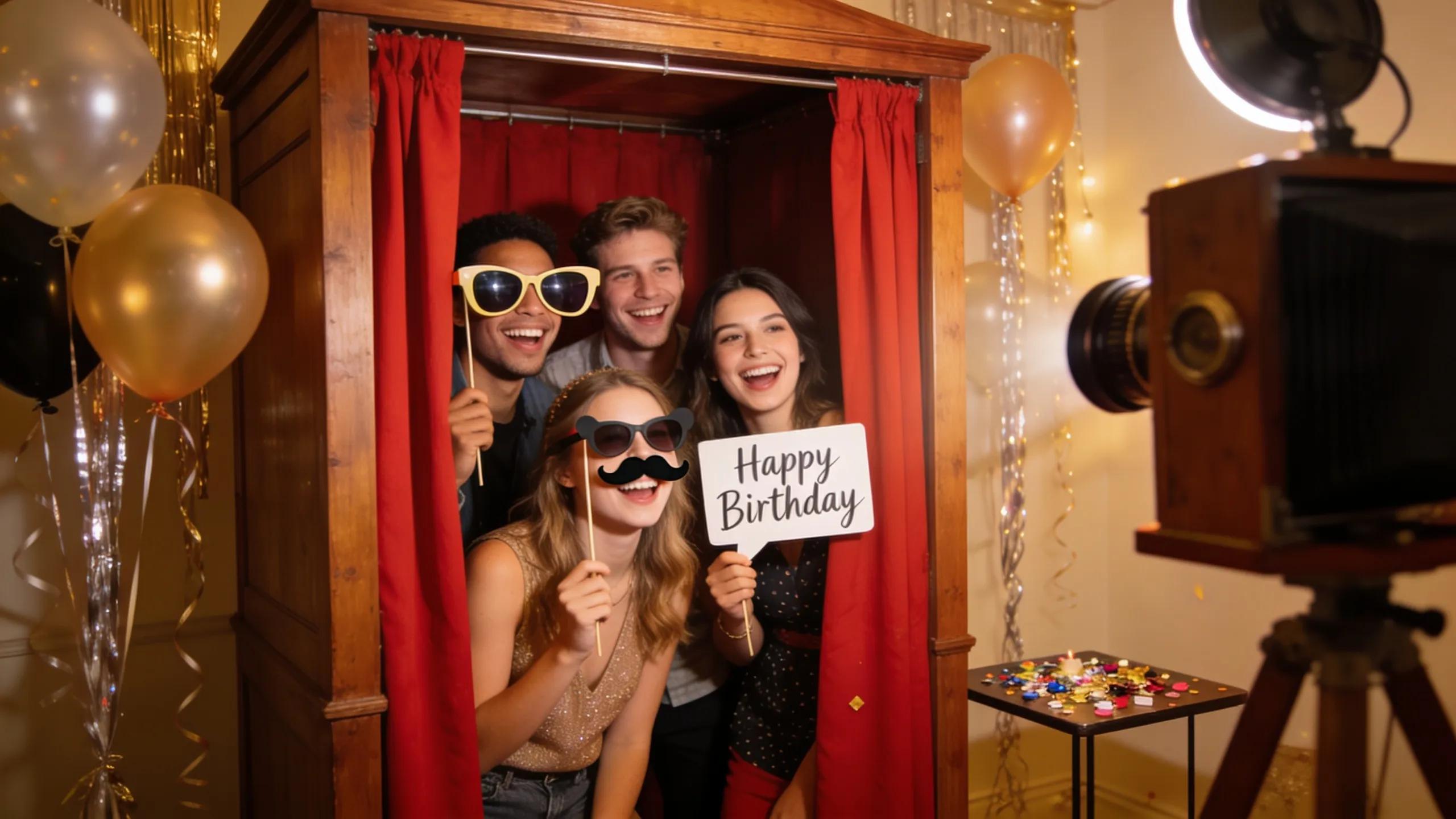 Group of friends enjoying a traditional photo booth, capturing fun moments at an event