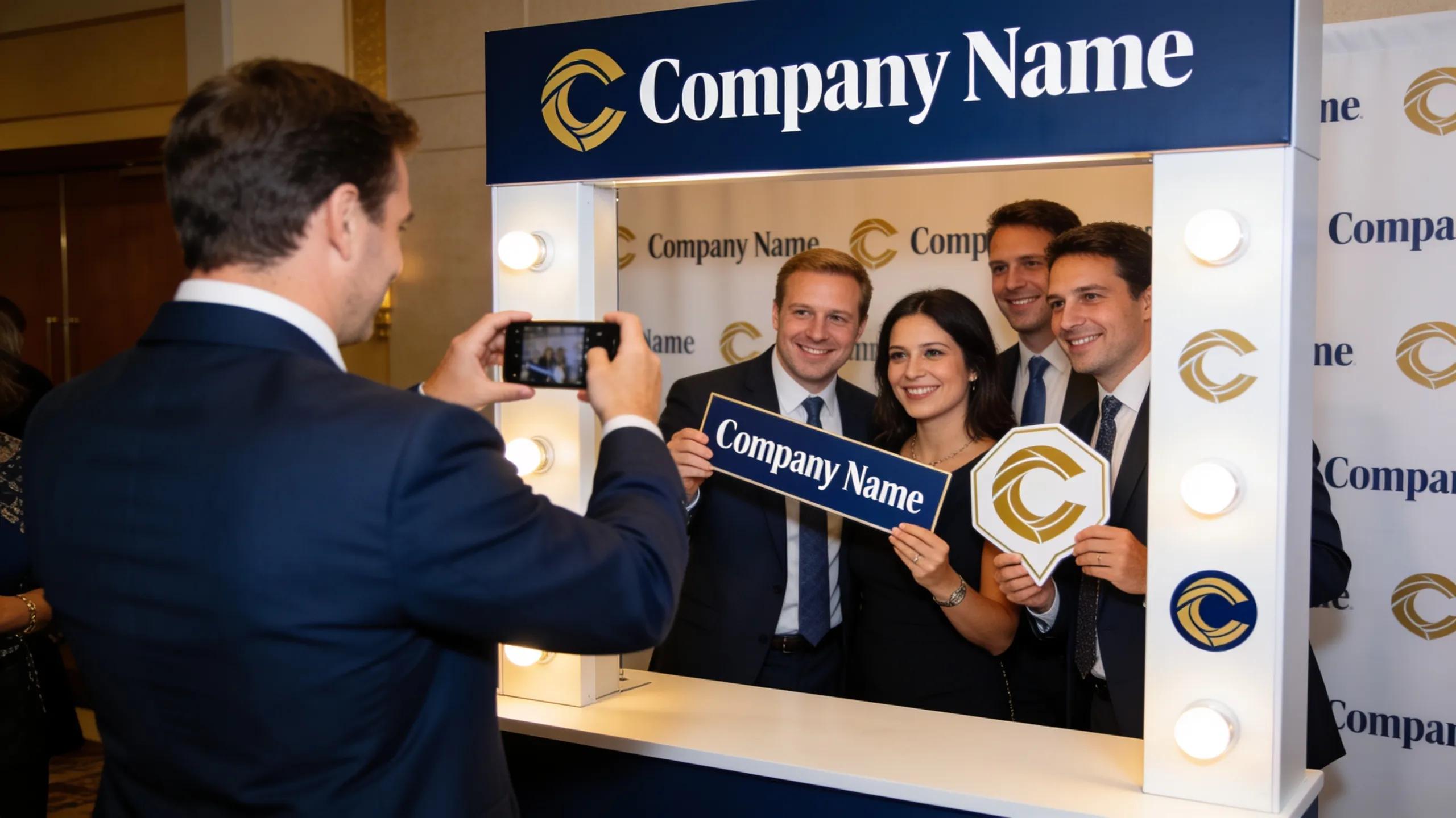 Corporate event photo booth with branding elements, guests engaging with props in a professional setting