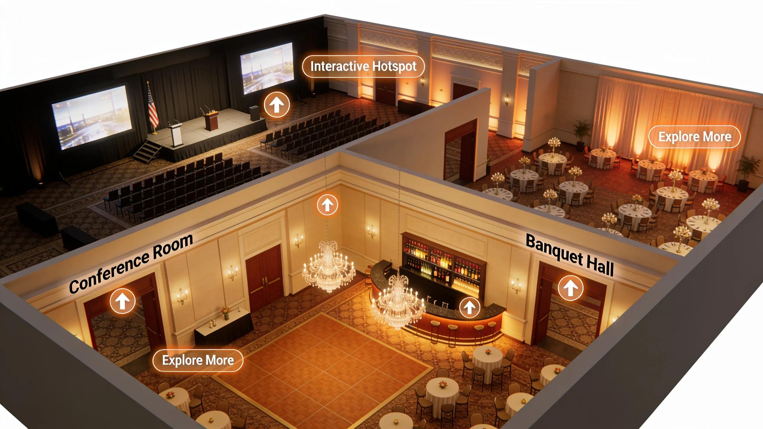 3D walkthrough showing detailed view of an event venue setup for remote planning