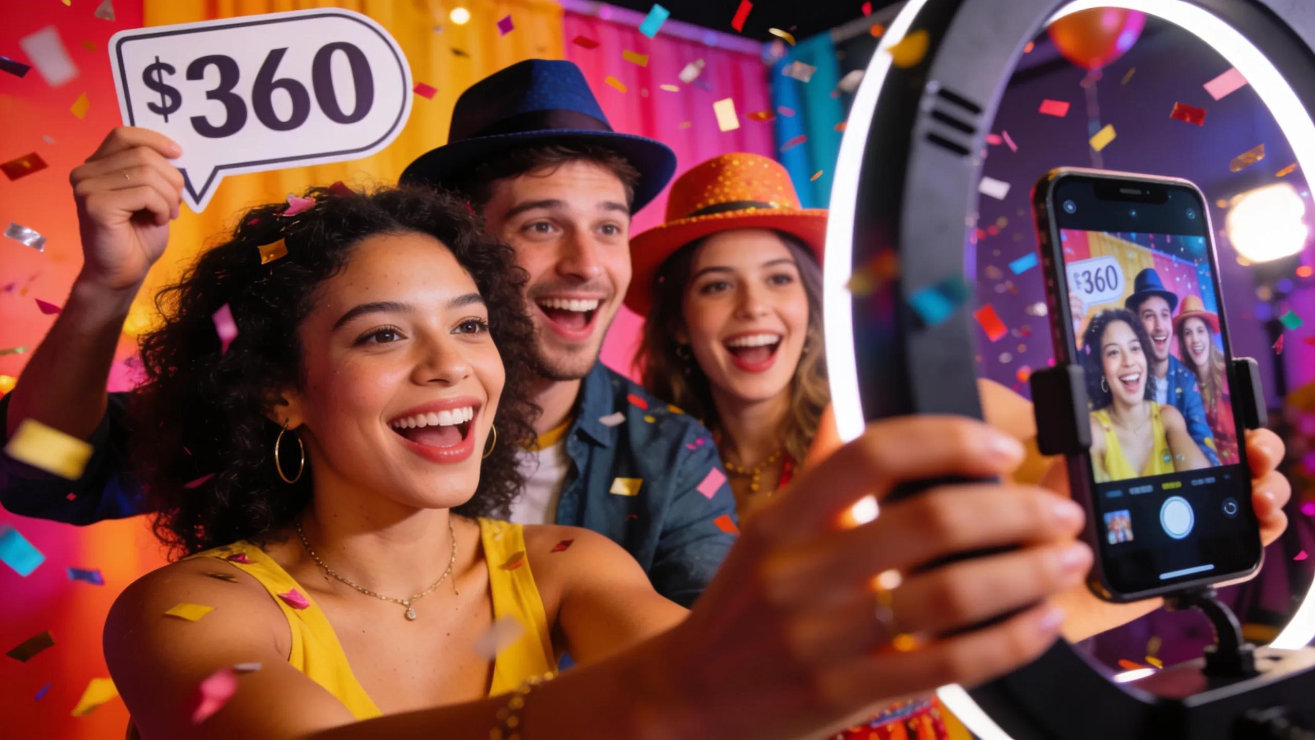 Guests interacting with a 360 photo booth, capturing dynamic video footage and having fun