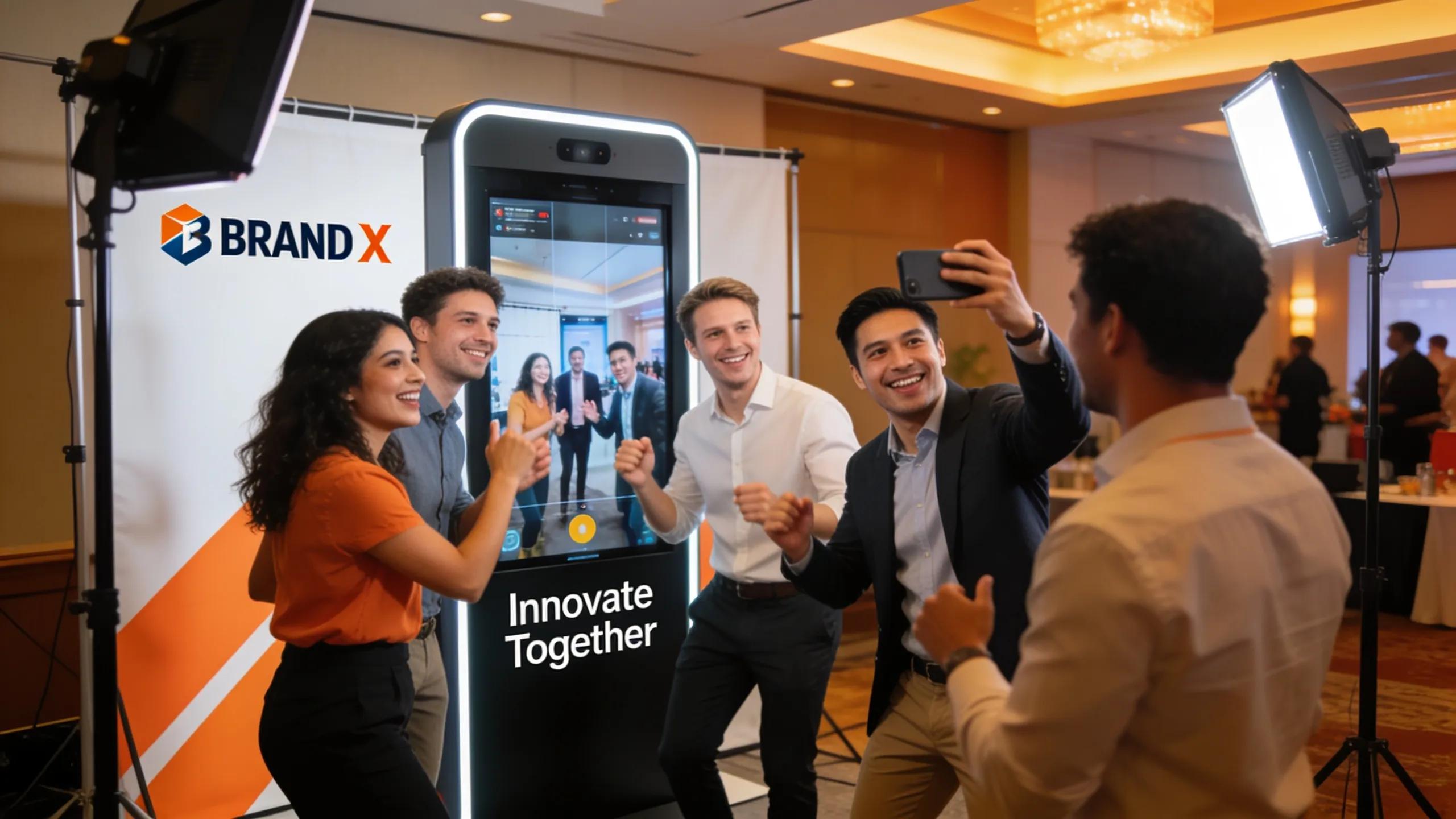 Corporate team engaging with a 360 photo booth for brand promotion