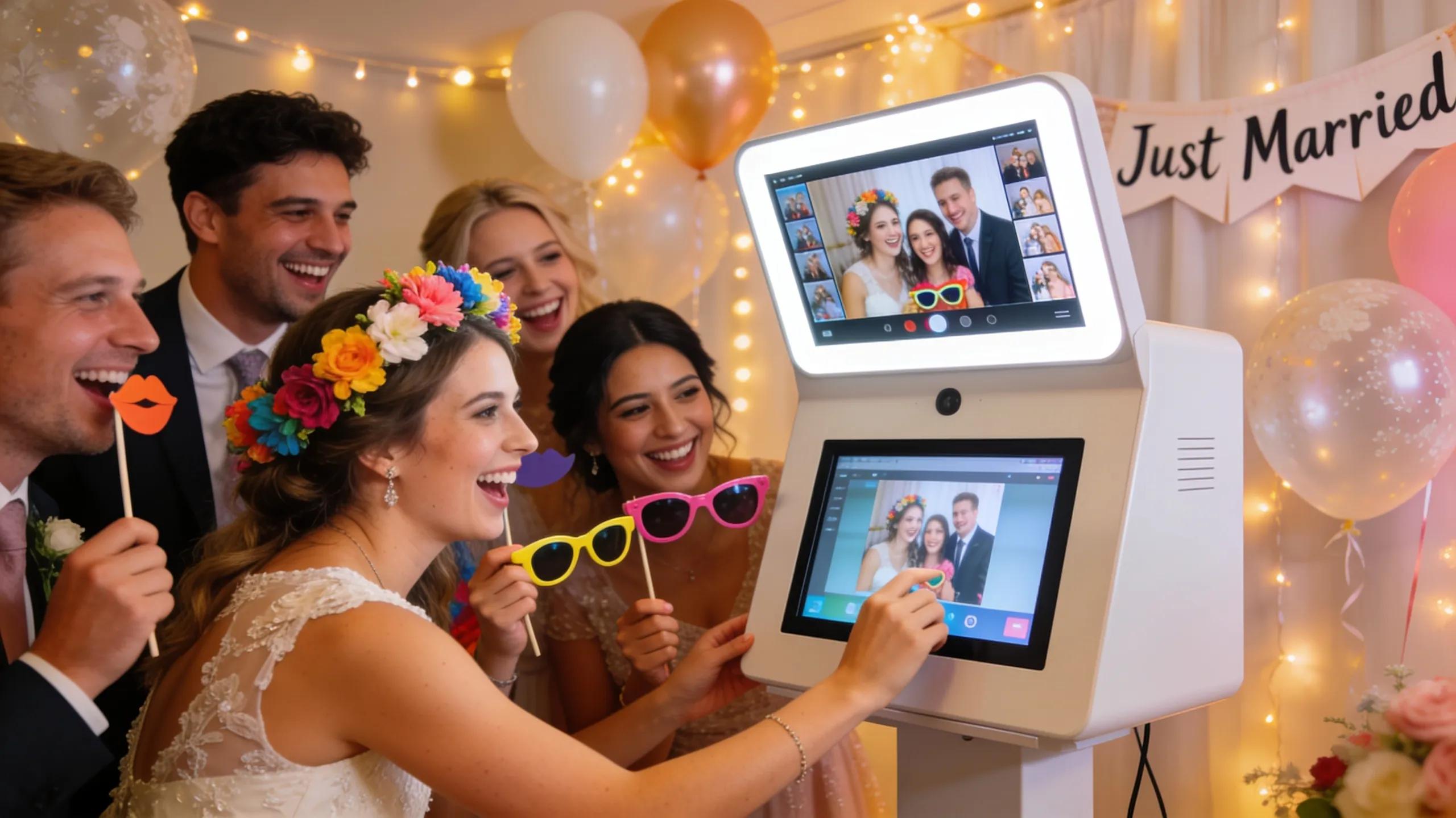 Guests engaging with an interactive wedding photo booth featuring touchscreen controls and props