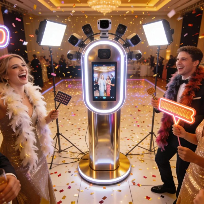 Guests enjoying an immersive experience with a modern 360 photo booth at an event