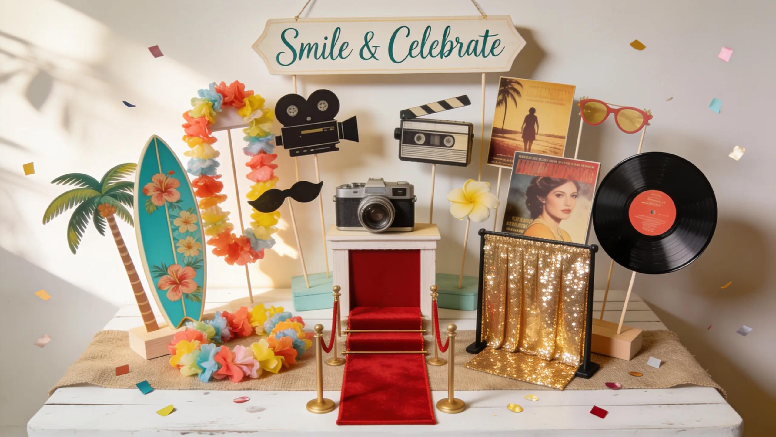 A vibrant collection of unique wedding photo booth props, including beach and vintage themes