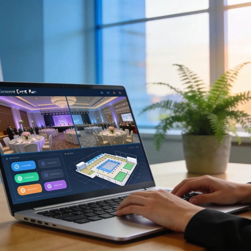 Event planner engaged with virtual tour technology for event venue marketing