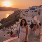 AI-generated scenic destination portrait, Santorini sunset theme