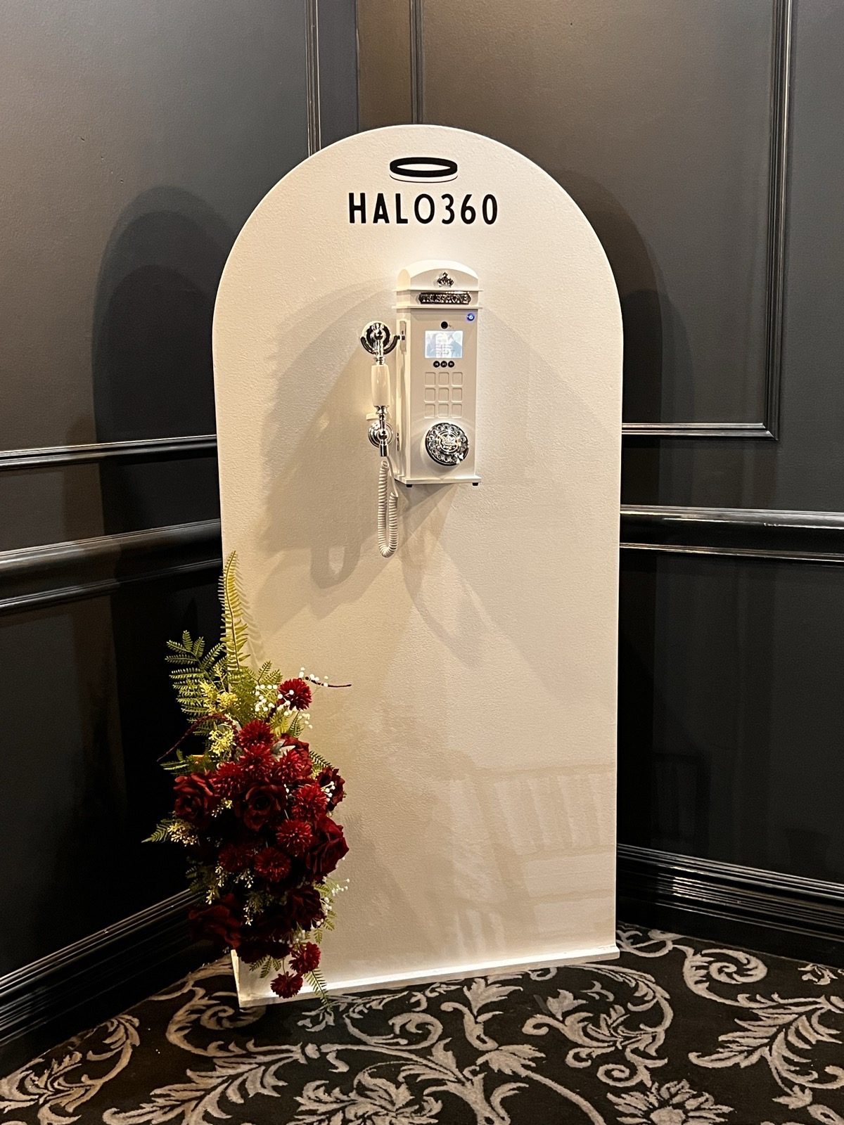 Halo360 Video Guestbook with White Arch Backdrop at a real event