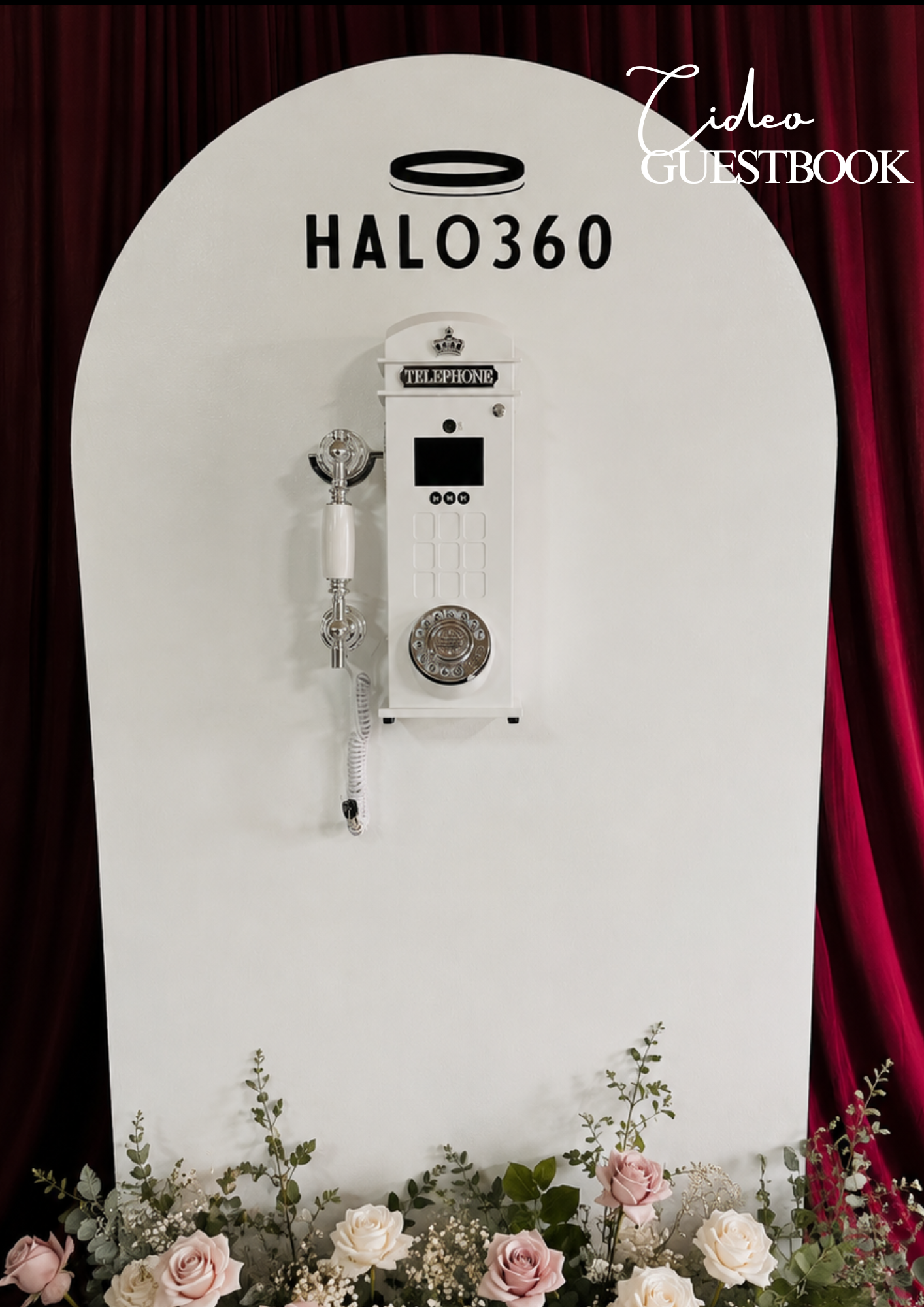 Video Guestbook phone booth with white arch backboard for heartfelt guest messages